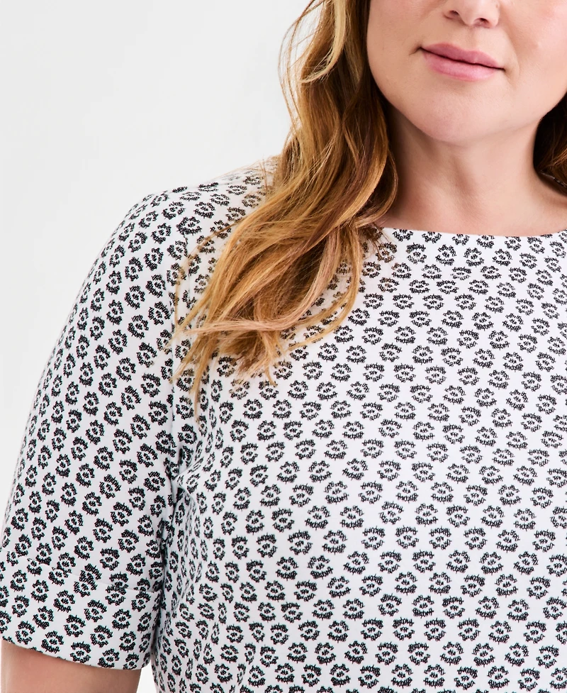 Style & Co Plus Printed Boat-Neck Elbow Sleeve Cotton Top