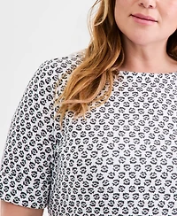 Style & Co Plus Printed Boat-Neck Elbow Sleeve Cotton Top