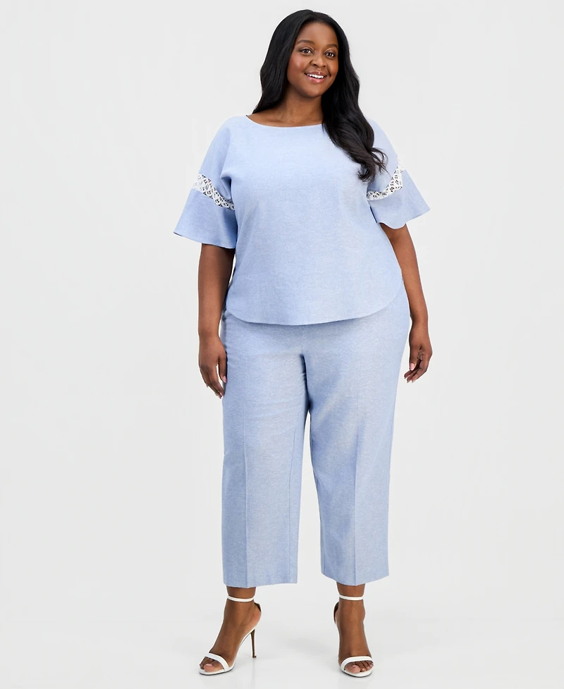 Anne Klein Plus Lace-Trim Flutter-Sleeve Top