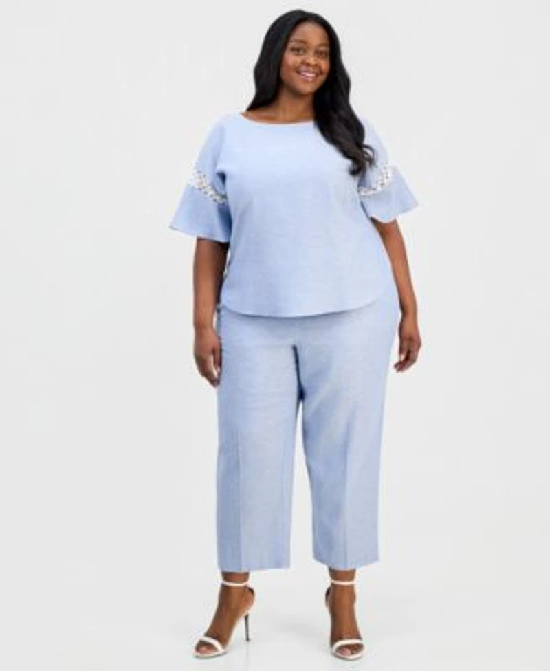 Anne Klein Flutter Sleeve Bateau Neck Top Wide Leg Crop Drawstring Pant