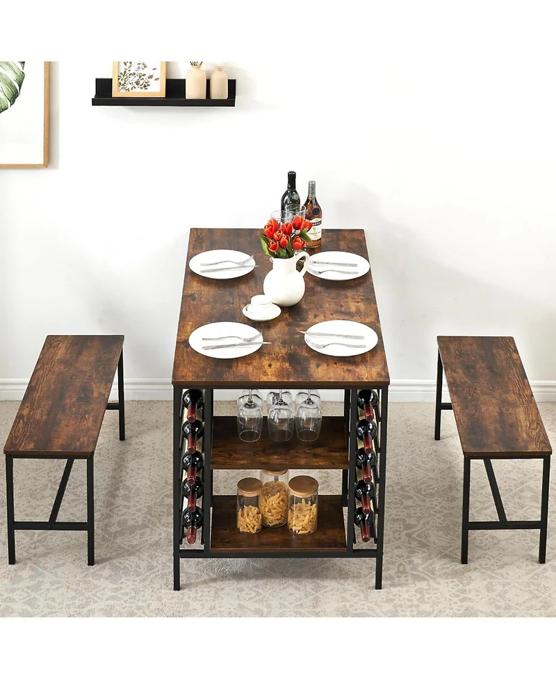 gaomon Dining Table Set for 4 Kitchen Table with 2 Benches Rectangular Dining Room Table Set with Wine Rack and Storage Shelf 3 Piece Dining Table Set