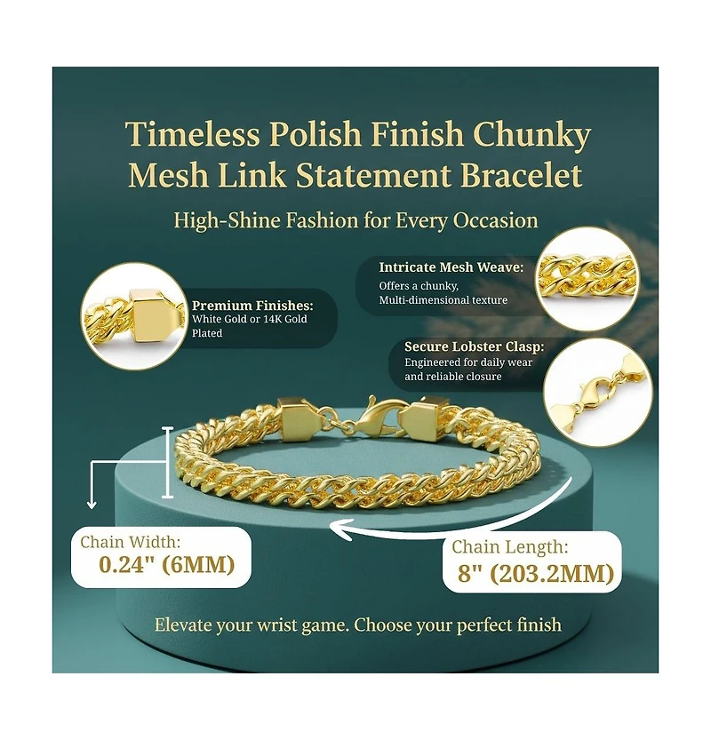 14K Gold Plated or White Gold Plated Mesh Link Bracelet