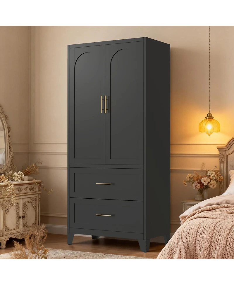 Streamdale 71" Black Metal Wardrobe Cabinet with 2 Drawers, Hanging Rod & Shelf