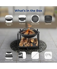 SereneLife Outdoor Wood Fire Pit Steel Bbq Grill with Mesh Spark Screen, Log Grate, Poker & Cover
