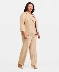 Kasper Plus Size Open Front Seamed Roll Tab Sleeve Jacket High Rise Press Pleat Wide Leg Pants