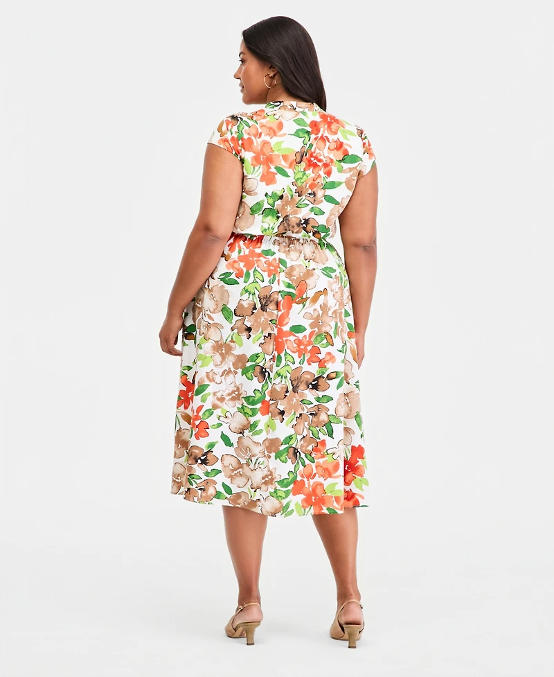 Kasper Plus Printed Split-Neck Cap-Sleeve Dress