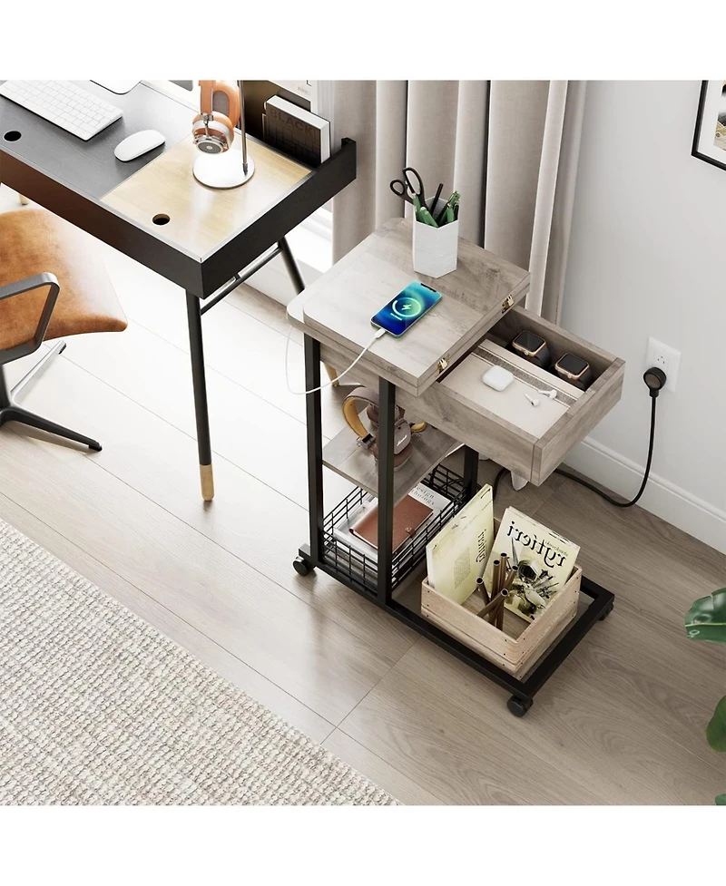 gaomon C Shaped Side Table with Charging Station, Flip Top Sofa End Table with Usb Ports and Outlets, Narrow Side Table