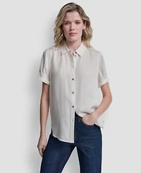 Dkny Jeans Womens Print Rolled Short Sleeve Shirt