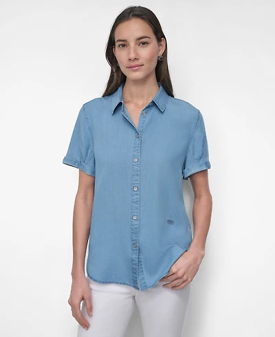 Dkny Jeans Women's Print Rolled Short-Sleeve Shirt