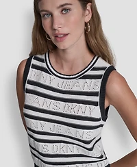 Dkny Jeans Women's Sleeveless Logo Pointelle Striped Sweater