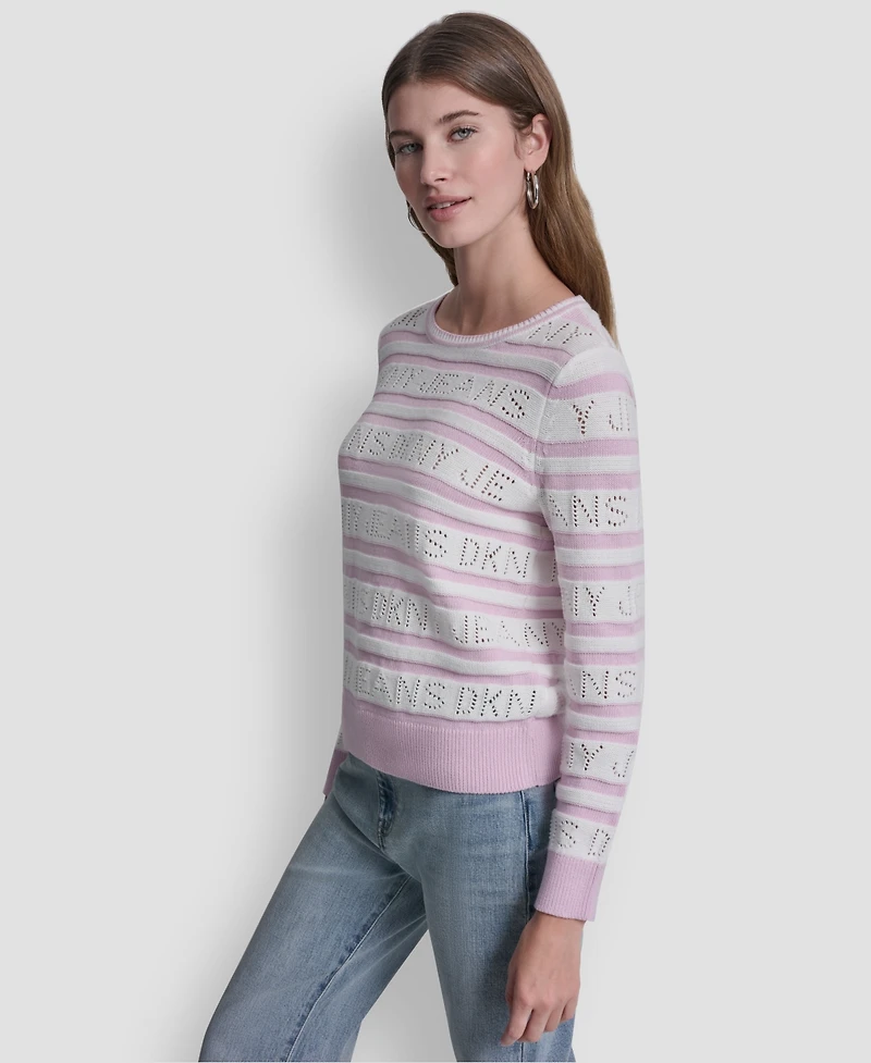 Dkny Jeans Women's Crewneck Logo Pointelle Striped Sweater