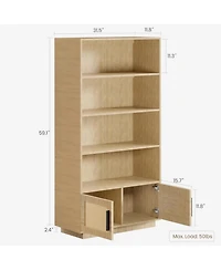 gaomon 5-Tier Boho Bookshelf – Wooden Bookcase with Rattan Doors, Tall Storage Book Stand for Living Room, Bedroom, Home Office, or Kitchen