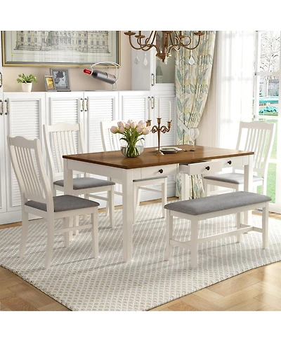 Streamdale Furniture Mid-Century 6-Piece Wood Dining Set with Drawer, Chairs & Bench