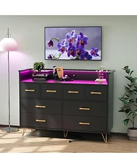 gaomon Dresser for Bedroom with Led Light & Charging Station, 8 Drawers Wooden Dressers with Open Space, Modern Chest of Wide Drawers