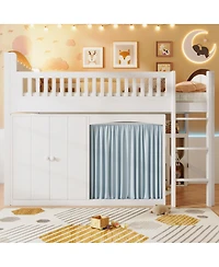 Streamdale Furniture Loft Bed with Storage Cabinet, Wardrobe and Led, White and Espresso