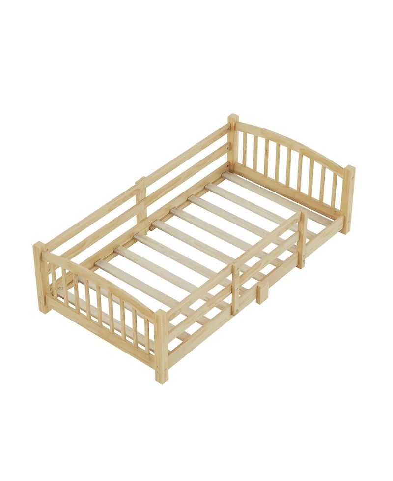 Streamdale Furniture Twin Montessori Floor Bed with Slats, Guardrails, and Fence