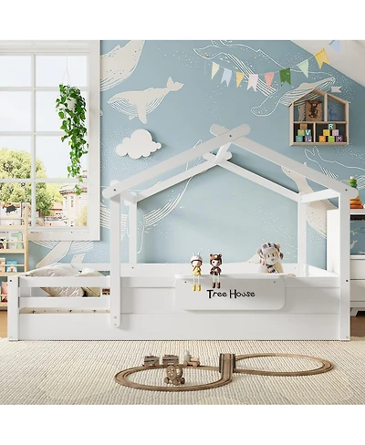 Streamdale Furniture House Floor Bed with Guardrails, Roof, Tray & Signboard