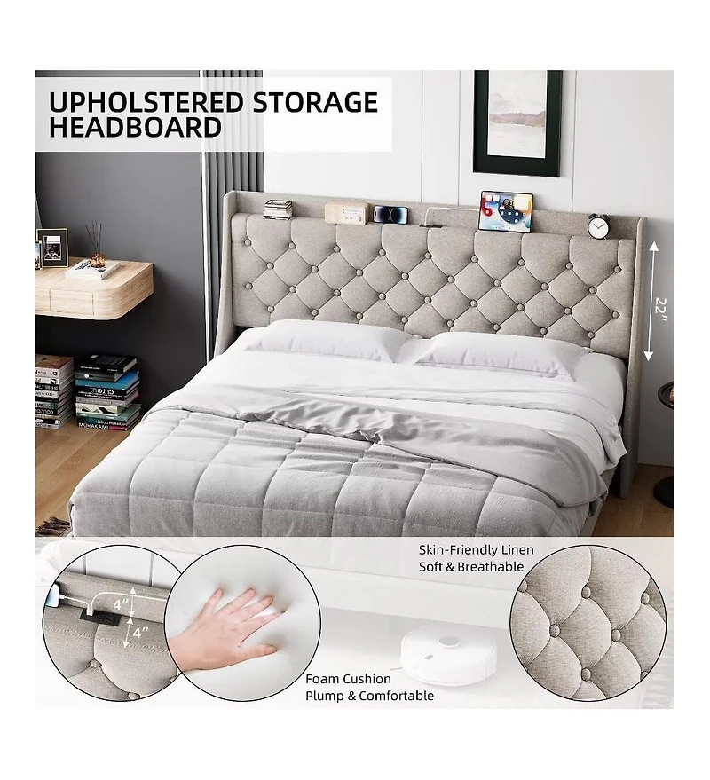 gaomon Size Bed Frame with Upholstered Wingback Headboard, Luxurious Linen Upholstery Platform Bed with Charging Station, Button Tufted Design