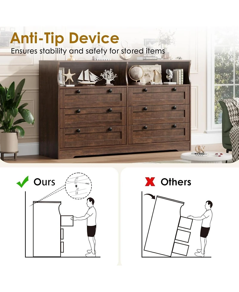 gaomon Dresser for Bedroom Deep Drawers, Wide Wooden Bedroom Dressers with Power Outlet and Led Lights, Large Modern 6 Drawers Dressers