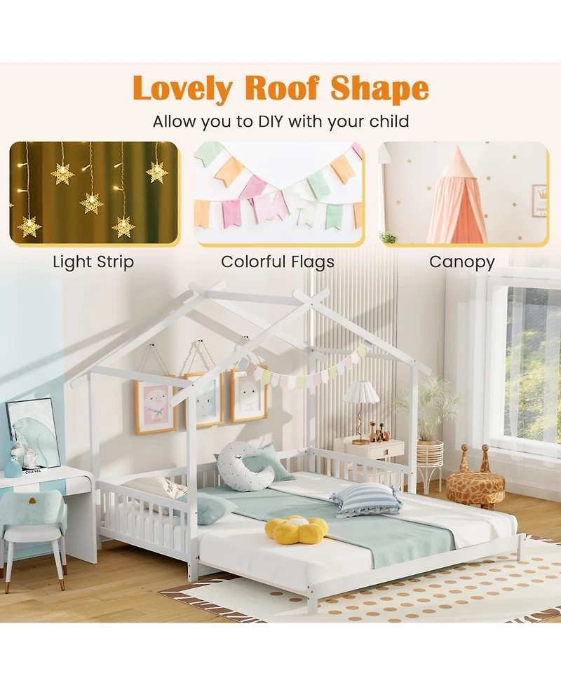 Sugift Extendable House Bed Twin to King Daybed with Roof and Fence Rails