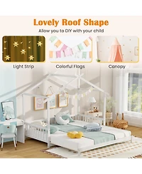 Sugift Extendable House Bed Twin to King Daybed with Roof and Fence Rails
