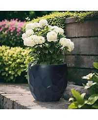 LuxenHome 14.6-Inch Round Black Geometric MgO Planter