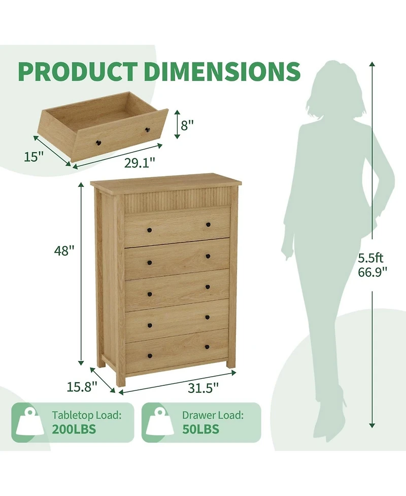 gaomon 5 Drawer Dresser for Bedroom, Wooden Chest of Drawers, Fluted Storage Organizer for Living Room, Hallway, Entryway