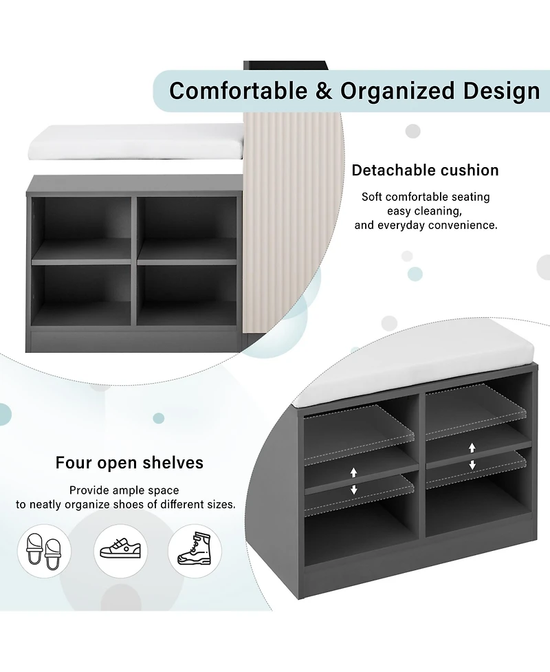 Rainsken Entryway Bench Shoe Cabinet with Adjustable Shelves and Hooks