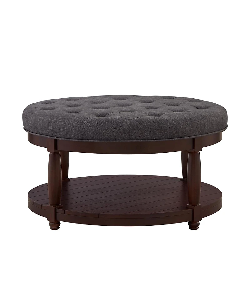 Streamdale Furniture Large Round Tufted Linen Ottoman Coffee Table with Wood Shelf