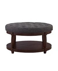 Streamdale Furniture Large Round Tufted Linen Ottoman Coffee Table with Wood Shelf