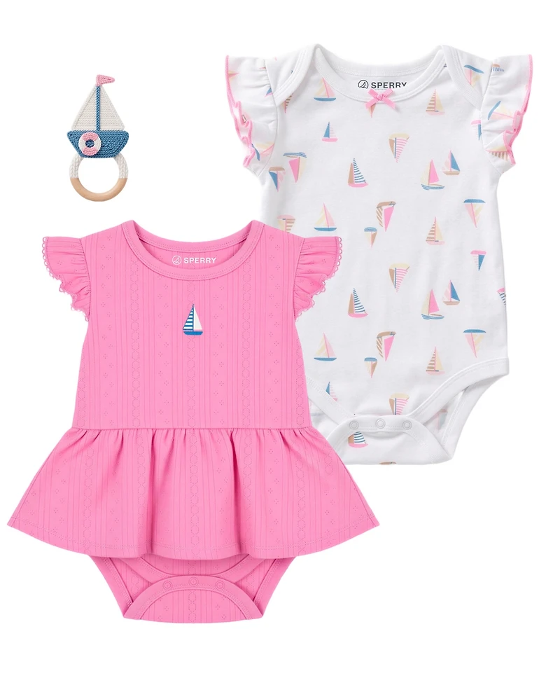 Sperry Baby Girls' Short-Sleeve Bodysuit with Rattle, 2-Piece Set