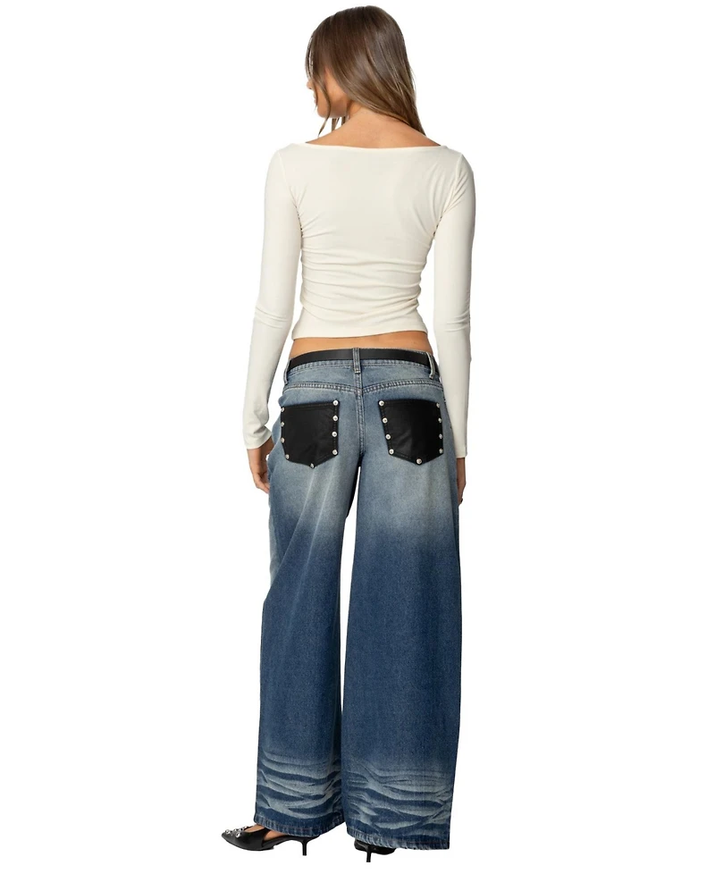 Edikted Women's Faux Leather Pocket Low Rise Baggy Jeans