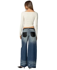 Edikted Women's Faux Leather Pocket Low Rise Baggy Jeans