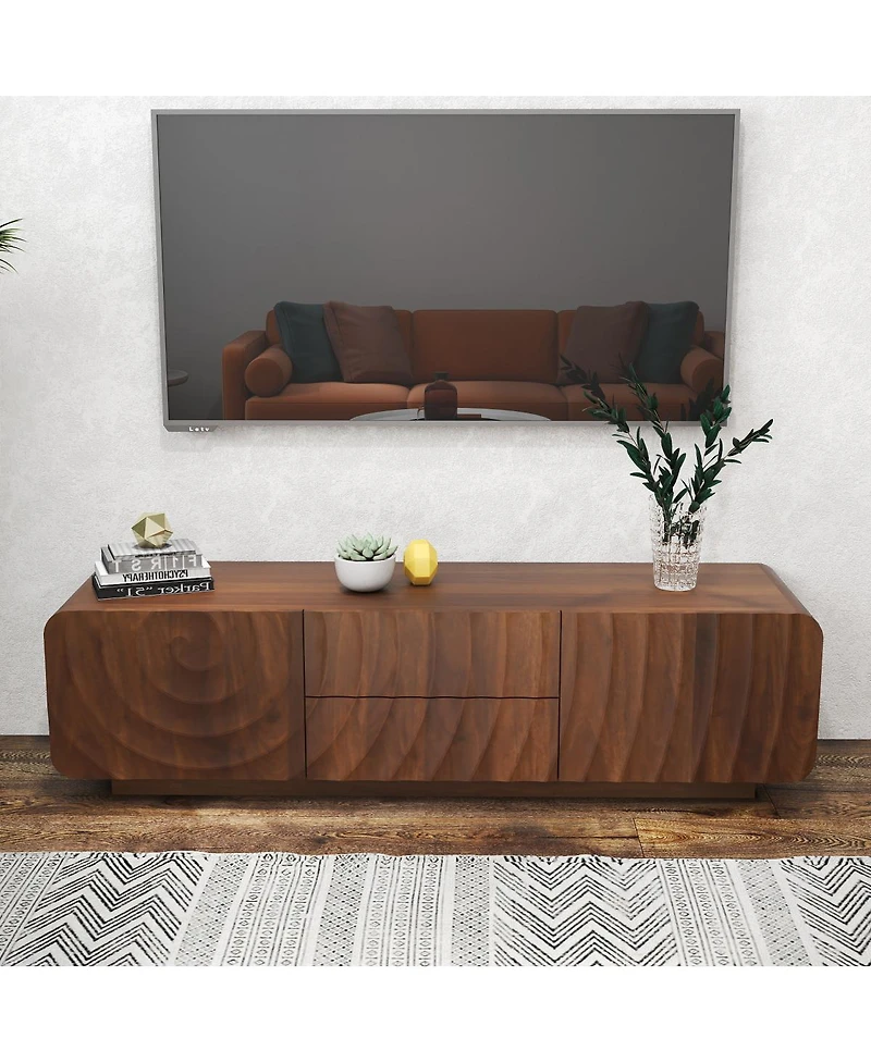 Streamdale Furniture 58" Mid Century Spiral Wave Design Tv Console with Storage Cabinet & 2 Drawers