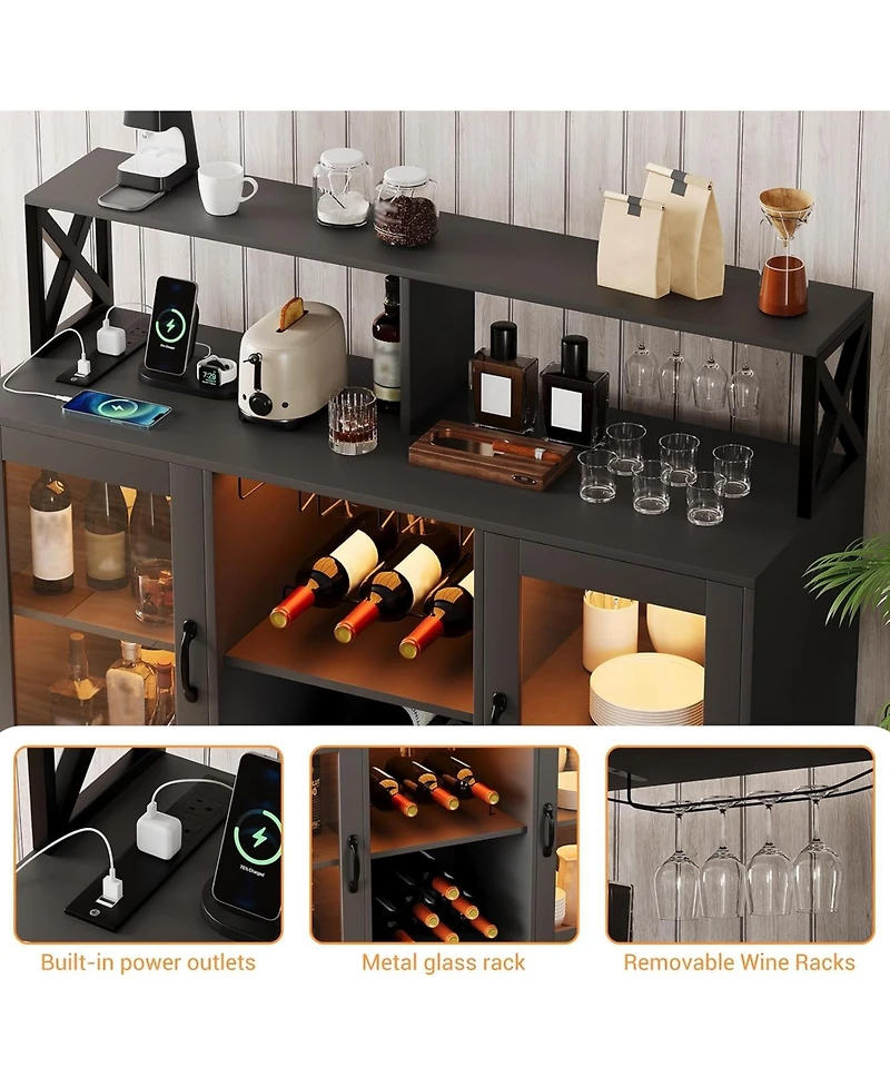 gaomon Wine Bar Liquor Cabinet with Led Lights, Glass Holder, Storage Shelves, and Rack for Home Kitchen or Coffee Bar