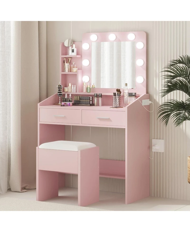 gaomon Vanity Desk with Mirror & Led Lights, Makeup Table with Power Outlet, Cushioned Stool, 2 Drawers & 3 Lighting Modes