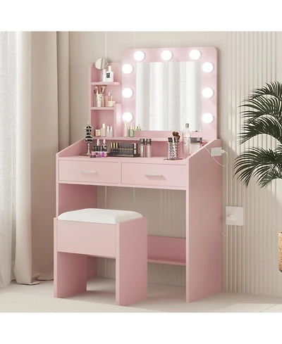 gaomon Vanity Desk with Mirror & Led Lights, Makeup Table with Power Outlet, Cushioned Stool, 2 Drawers & 3 Lighting Modes