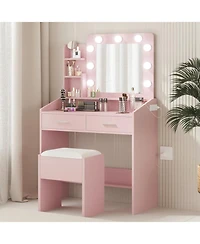 gaomon Vanity Desk with Mirror & Led Lights, Makeup Table with Power Outlet, Cushioned Stool, 2 Drawers & 3 Lighting Modes