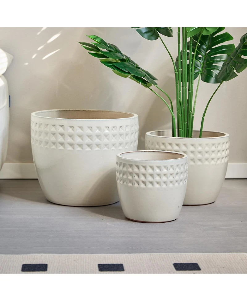 Streamdale Furniture Handmade Ceramic Flower Pot Set of 3, Diamond Pattern, 15/12/9 Inch Diameter