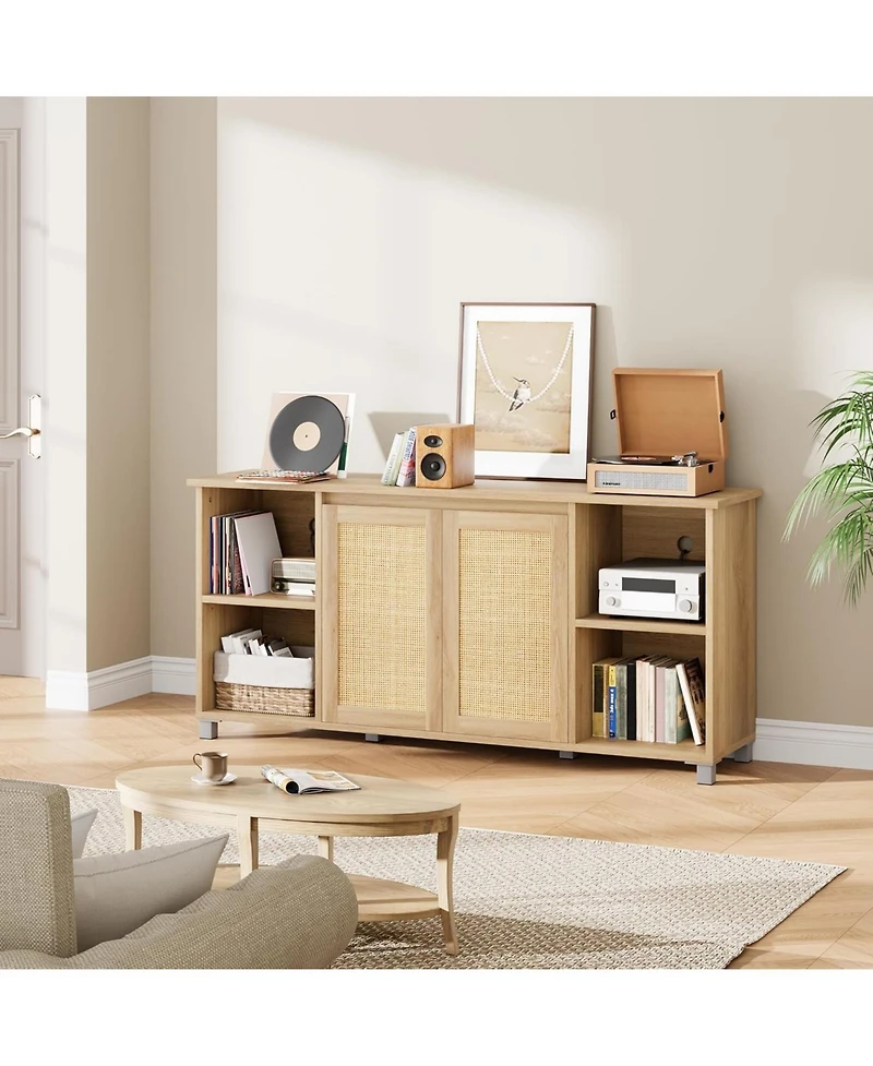 gaomon 70 Inch Tv Stand, Boho Tv Stand with Rattan Cabinet Doors, Entertainment Center with 4 Open Shelves & 2 Cabinets