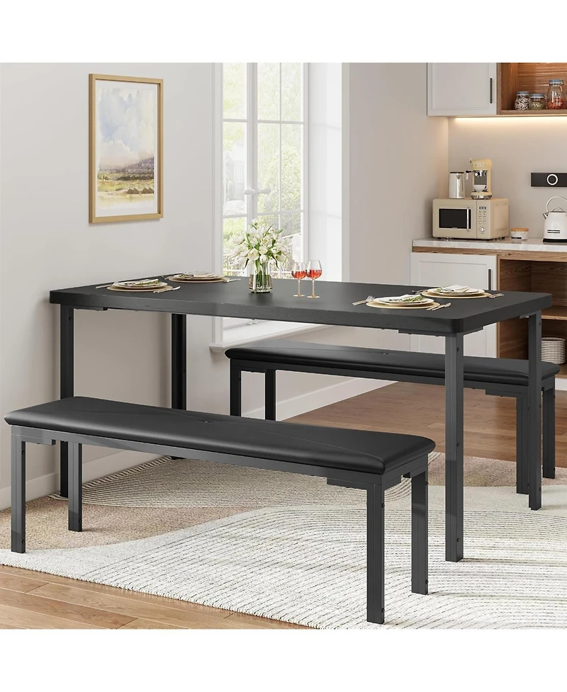 gaomon 43.3 Inch Dining Table Set for 4 Rectangle Kitchen Table with 2 Upholstered Soft Benches Metal Frame 3 Piece Dining Room Table Set Space-Saving