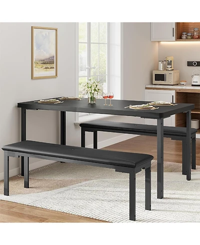 gaomon 43.3 Inch Dining Table Set for 4 Rectangle Kitchen Table with 2 Upholstered Soft Benches Metal Frame 3 Piece Dining Room Table Set Space-Saving