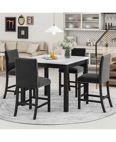 Streamdale Furniture 5-Piece Faux Marble Counter Height Dining Set with 4 Velvet Chairs.