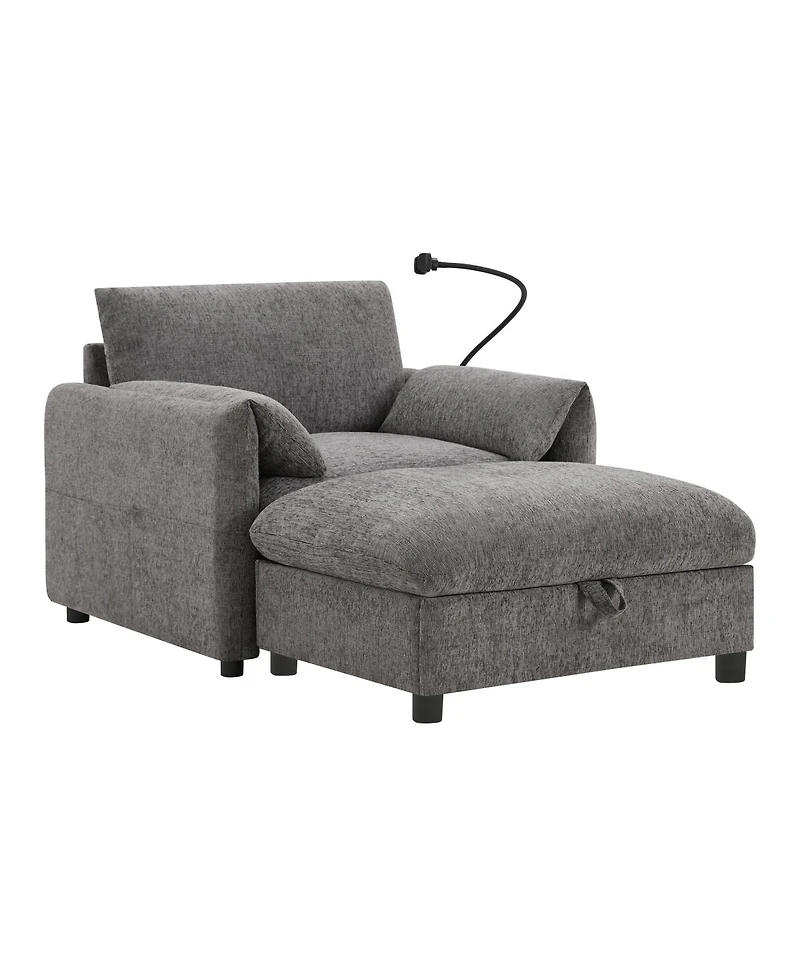 Streamdale Furniture 37" Sofa with Storage Ottoman, Phone Holder, Charger, Pockets, Chenille Armchair