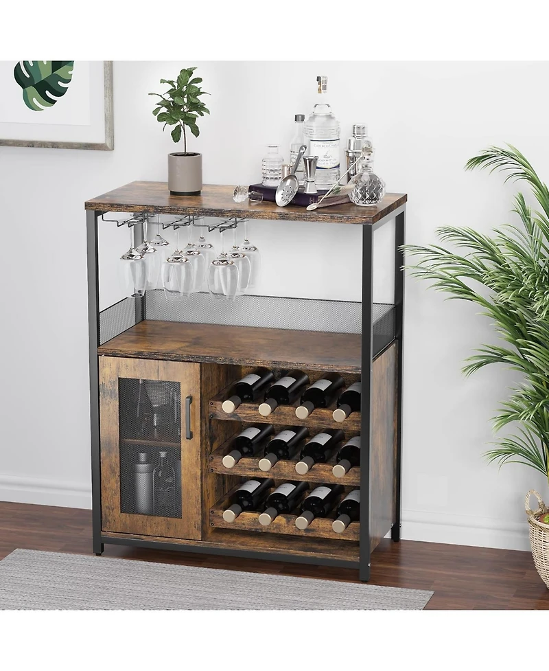 gaomon 3-Tier Wine Bar Cabinet with Detachable Wine Rack and Drawer Industrial Sideboard and Buffet Cabinet with Glass Holder and Mesh Door