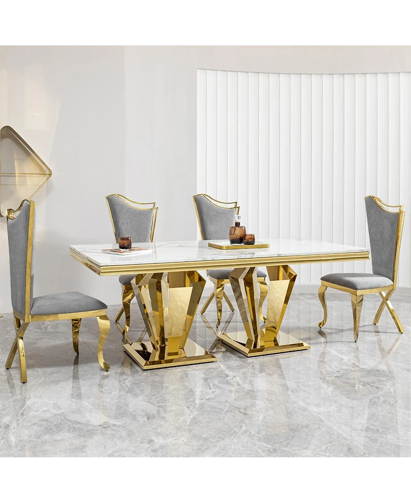 Streamdale Furniture Mdf Marble Top Dining Table for 6, White/Gold 66.9" Stainless Steel Base