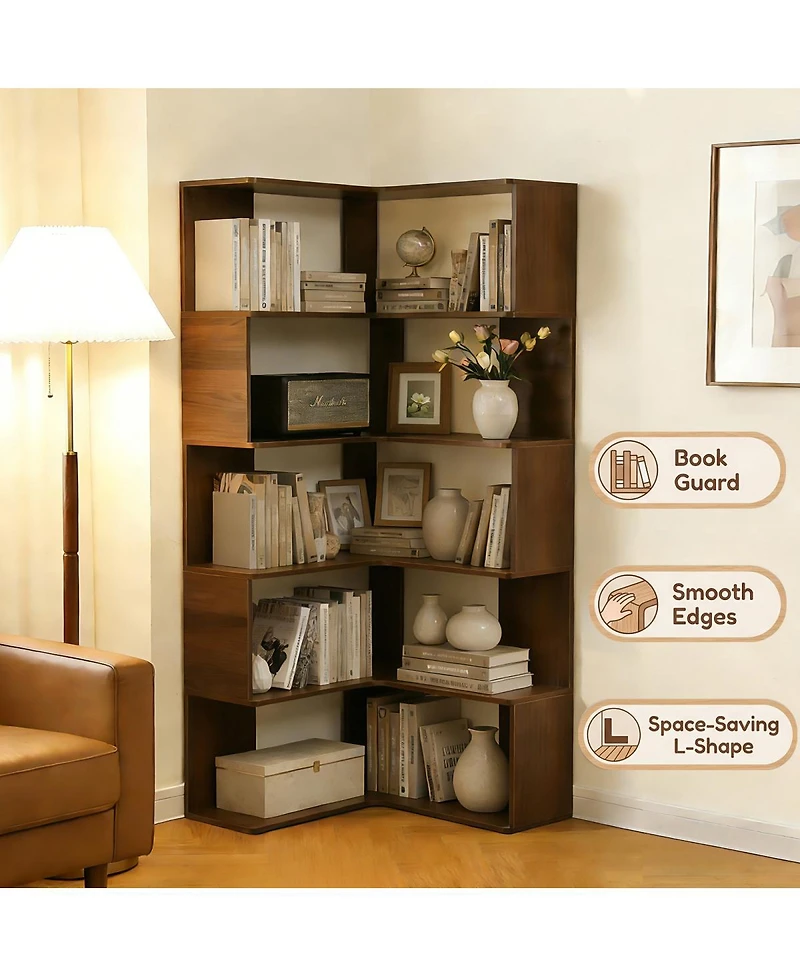 Streamdale Furniture 6 Tier L-Shaped Bookshelf, 66" Tall Walnut Open Display Shelf