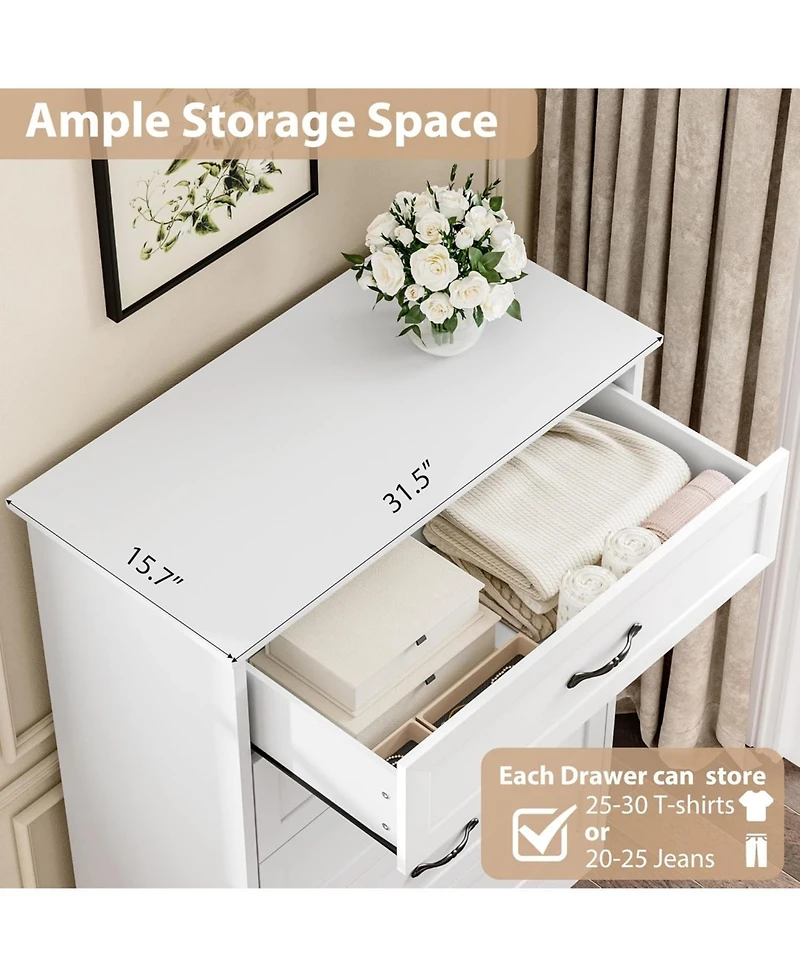 gaomon 5 Drawer Dresser for Bedroom, Wooden Tall Chest with Wide Metal Handle, Farmhouse Modern Storage Organizer