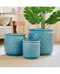 Streamdale Furniture Handmade Ceramic Flowerpot Set of 3, Blue Geometric Pattern, 15/12/9 Inch Diameter