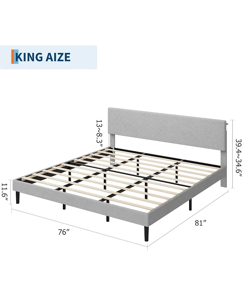 Gaomon Bed Frame with Usb Charging Station, Corduroy Upholstered Platform Adjustable Storage Headboard